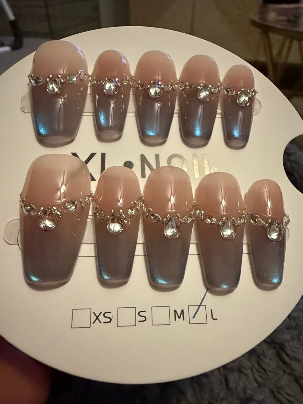 Handmade acrylic Press-On Nail Set with Iridescent Blue Ombre and Rhinestones